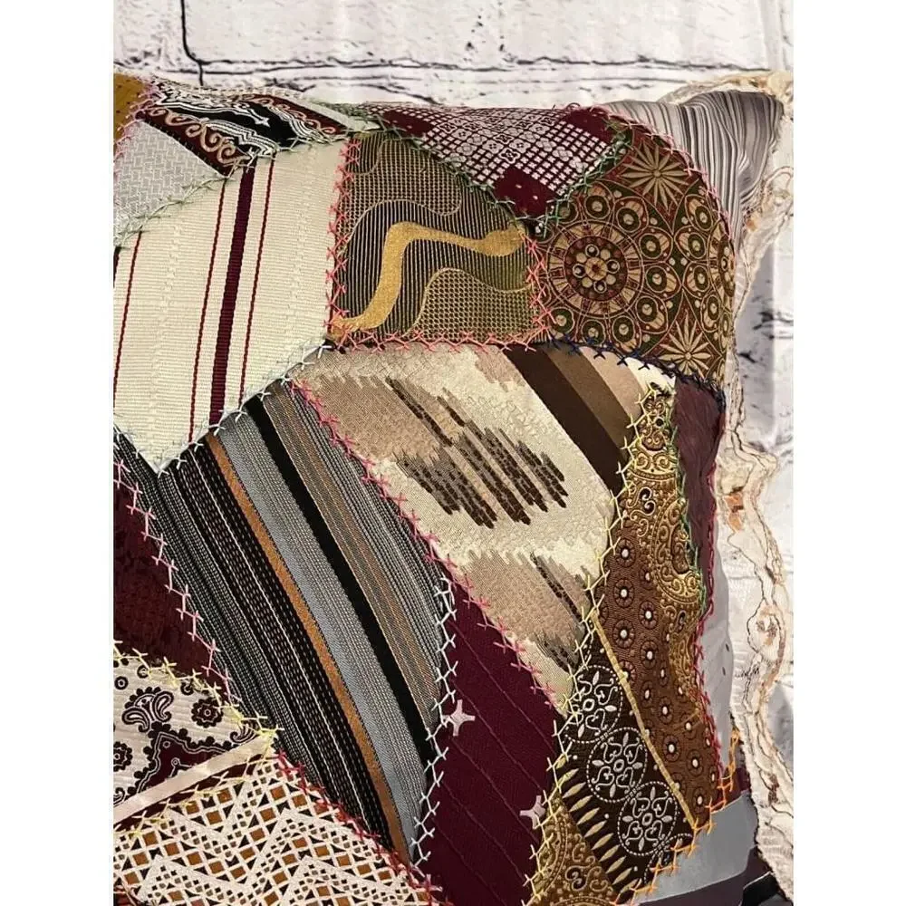 Vintage Crazy Quilt Accent Pillow Patchwork Velvet Back Embroidery Handmade